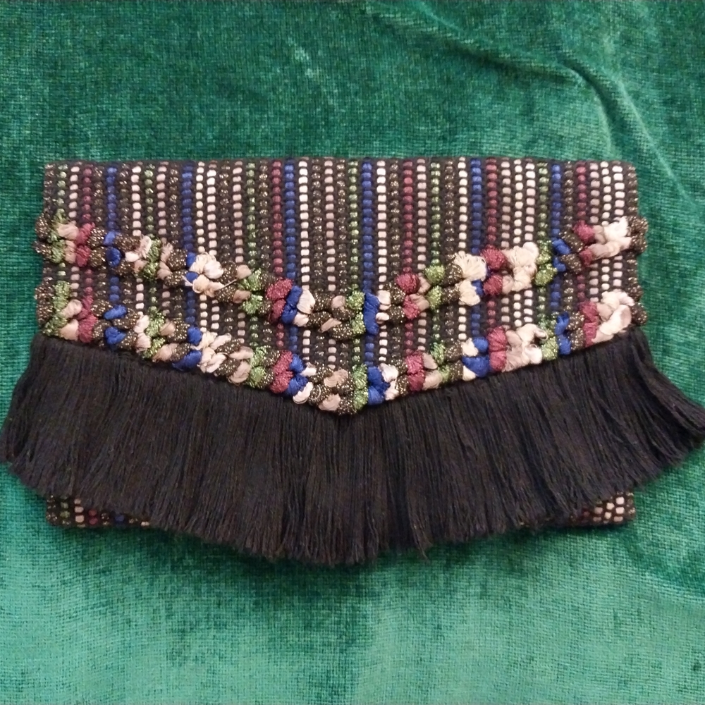 Stella & Dot Black and Multicolor Fringe Clutch